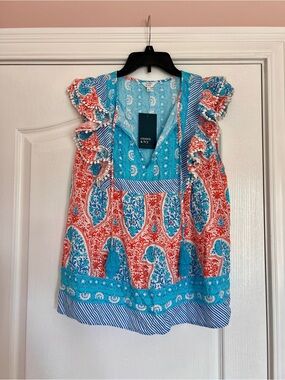 crown & ivy Turquoise and Coral Paisley Ruffle-Sleeve Tunic